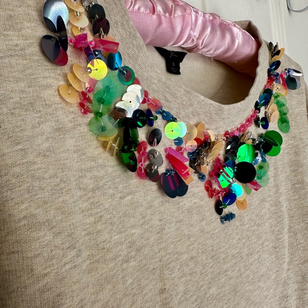 J. Crew Beige Top with Colorful Sequin Neckline